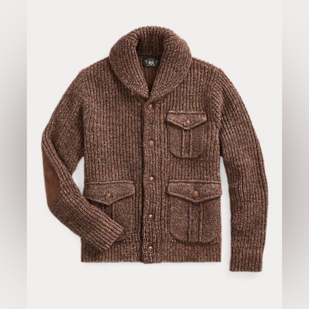 NWT Men’s Double RL - Suede Trim Marled Shawl Cardigan in Brown Tan Mark, Size M